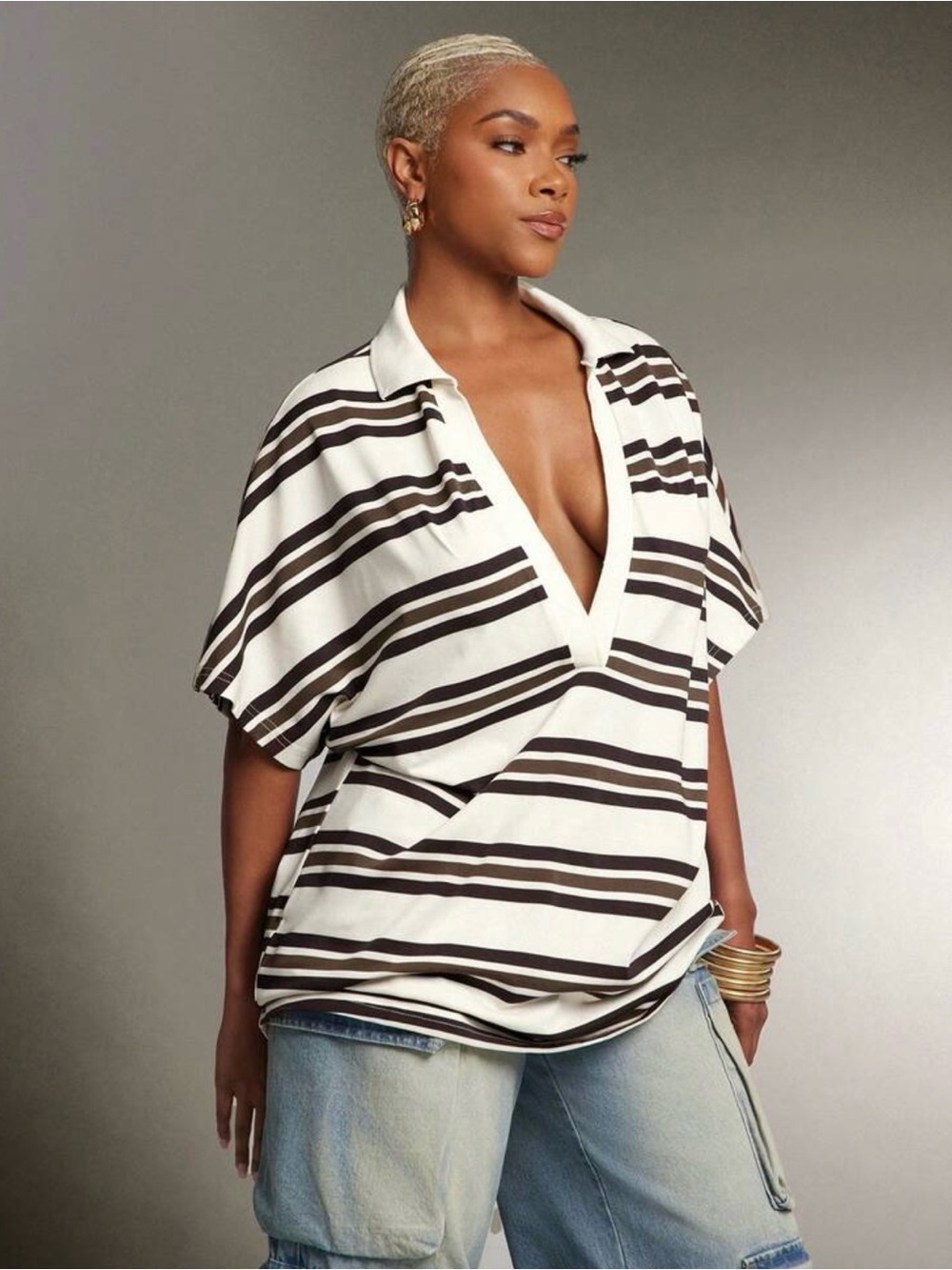 Striped V-Neck Polo Top in Cream, Brown and Black - Picture 3 of 4